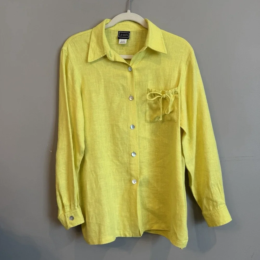 20 South Linen Bright Yellow Shell Button Blouse Medium USA Lagenlook Resortwear
